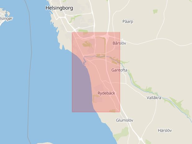 Karta som med röd fyrkant ramar in Rydebäck, Landskronavägen, Helsingborg, Skåne län