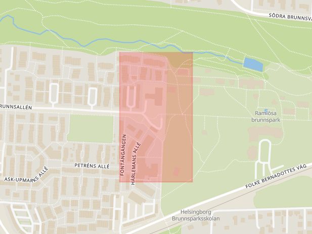Karta som med röd fyrkant ramar in Ramlösa, Helsingborg, Skåne län