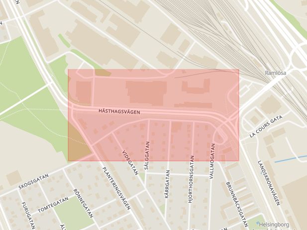 Karta som med röd fyrkant ramar in Hästhagsvägen, Helsingborg, Skåne län