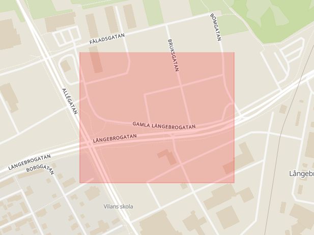 Karta som med röd fyrkant ramar in Gamla Långebrogatan, Kristianstad, Skåne län