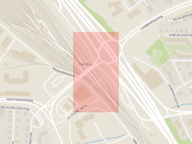 Karta som med röd fyrkant ramar in Malmöleden, Trafikplats Ramlösa, Helsingborg, Skåne län