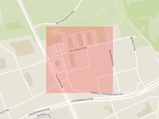 Karta som med röd fyrkant ramar in Fäladsgatan, Kristianstad, Skåne län