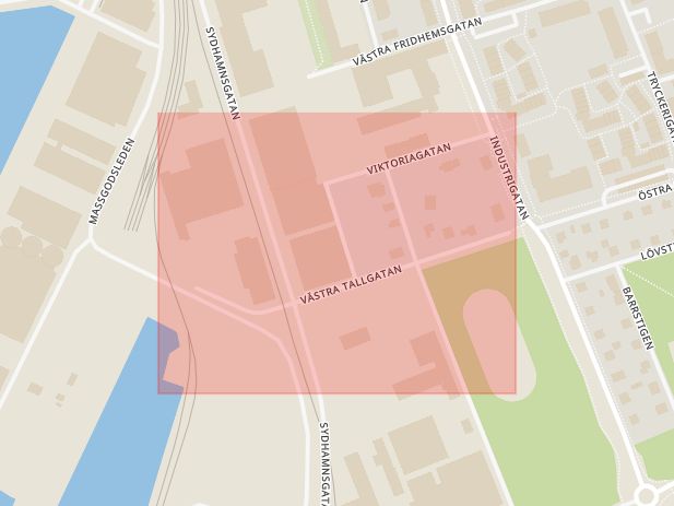 Karta som med röd fyrkant ramar in Planteringen, Västra Tallgatan, Helsingborg, Skåne län
