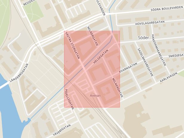 Karta som med röd fyrkant ramar in Helgegatan, Kanalen, Kristianstad, Skåne län