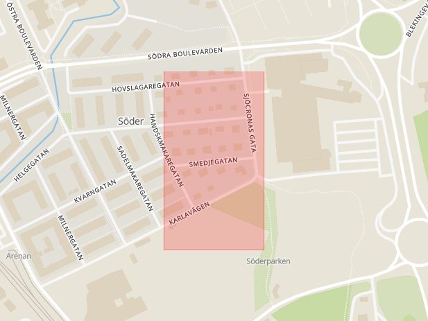 Karta som med röd fyrkant ramar in Smedjegatan, Kristianstad, Skåne län