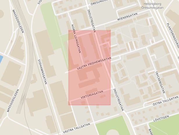 Karta som med röd fyrkant ramar in Tryckerigatan, Västra Fridhemsgatan, Helsingborg, Skåne län