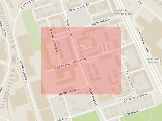 Karta som med röd fyrkant ramar in Västra Fridhemsgatan, Helsingborg, Skåne län