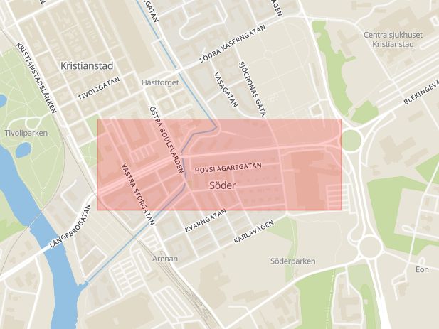 Karta som med röd fyrkant ramar in Södra Boulevarden, Kristianstad, Skåne län