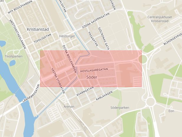 Karta som med röd fyrkant ramar in Södra Boulevarden, Snapphanevägen, Kristianstad, Skåne län