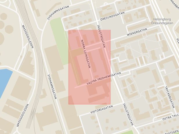 Karta som med röd fyrkant ramar in Norra Ljunggatan, Helsingborg, Skåne län