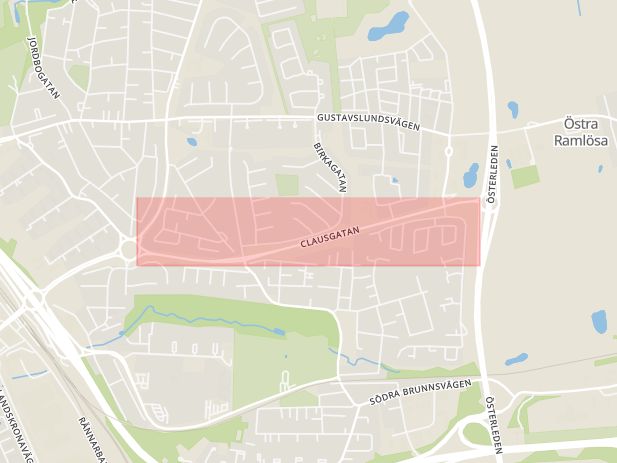 Karta som med röd fyrkant ramar in Clausgatan, Helsingborg, Skåne län