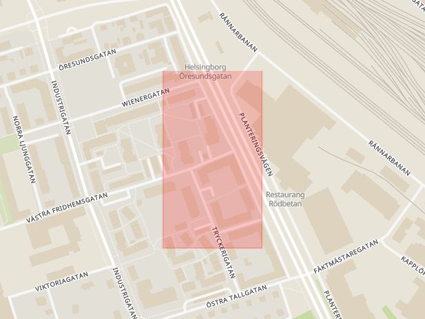 Karta som med röd fyrkant ramar in Planteringen, Östra Fridhemsgatan, Helsingborg, Skåne län