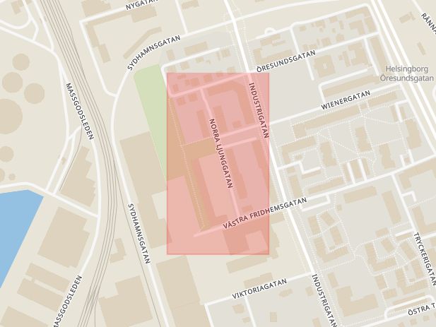 Karta som med röd fyrkant ramar in Norra Ljunggatan, Helsingborg, Skåne län