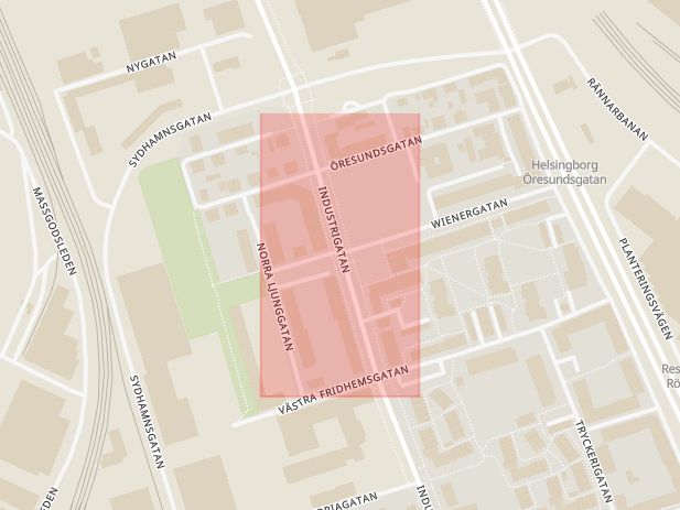 Karta som med röd fyrkant ramar in Wienergatan, Industrigatan, Helsingborg, Skåne län
