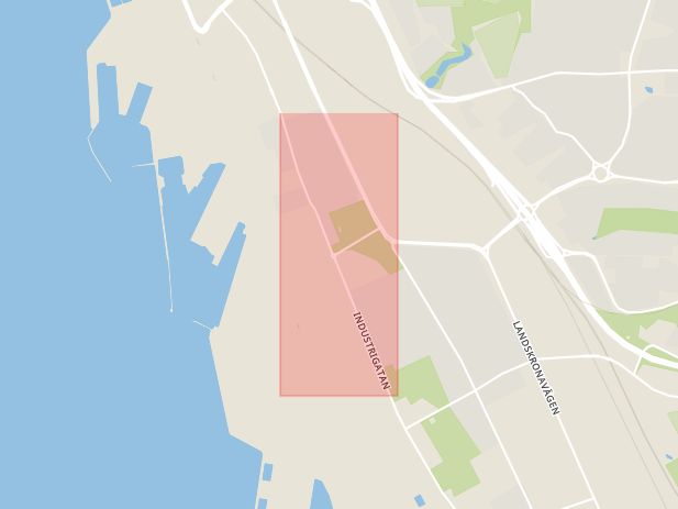 Karta som med röd fyrkant ramar in Planteringen, Industrigatan, Helsingborg, Skåne län