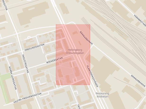 Karta som med röd fyrkant ramar in Planteringsvägen, Wienergatan, Helsingborg, Skåne län