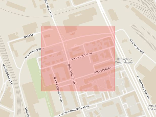 Karta som med röd fyrkant ramar in Öresundsgatan, Helsingborg, Skåne län