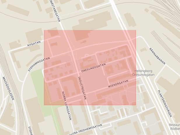 Karta som med röd fyrkant ramar in Öresundsgatan, Helsingborg, Skåne län