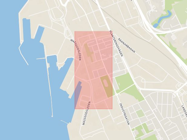 Karta som med röd fyrkant ramar in Sydhamnsgatan, Helsingborg, Skåne län