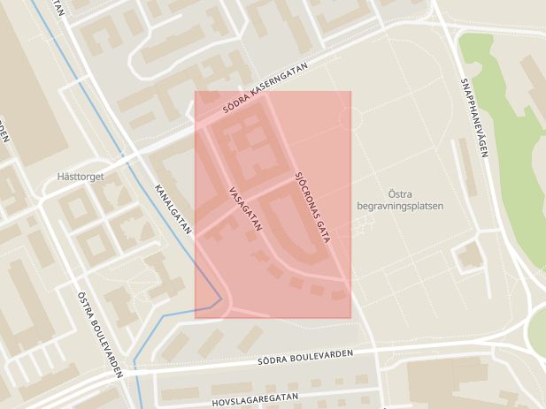 Karta som med röd fyrkant ramar in Vasagatan, Kristianstad, Skåne län