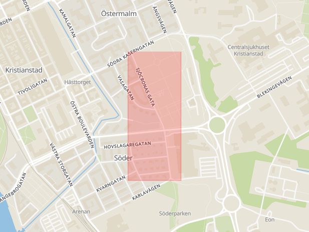 Karta som med röd fyrkant ramar in Sjöcronas Gata, Kristianstad, Skåne län