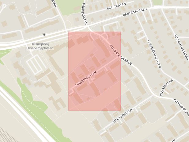 Karta som med röd fyrkant ramar in Luggudegatan, Helsingborg, Skåne län