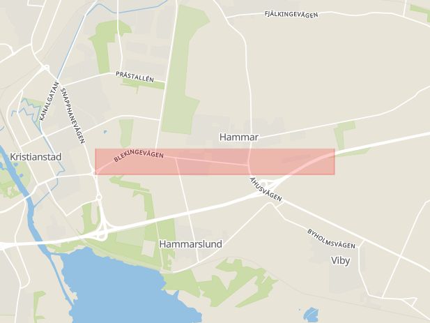 Karta som med röd fyrkant ramar in Blekingevägen, Kristianstad, Skåne län