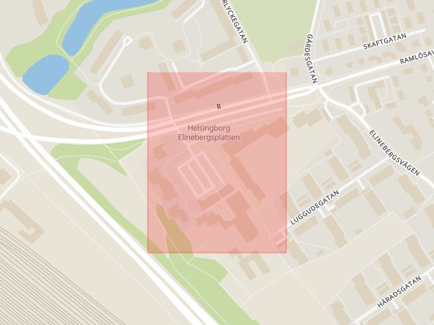 Karta som med röd fyrkant ramar in Elinebergsplatsen, Helsingborg, Skåne län