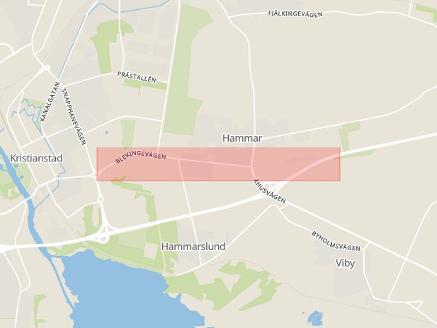Karta som med röd fyrkant ramar in Blekingevägen, Kristianstad, Skåne län