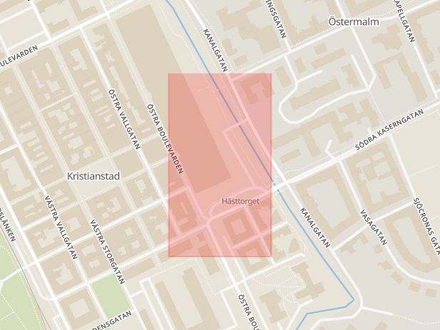 Karta som med röd fyrkant ramar in Hästtorget, Kristianstad, Skåne län