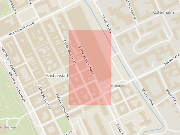 Karta som med röd fyrkant ramar in Döbelnsgatan, Östra Boulevarden, Kristianstad, Skåne län