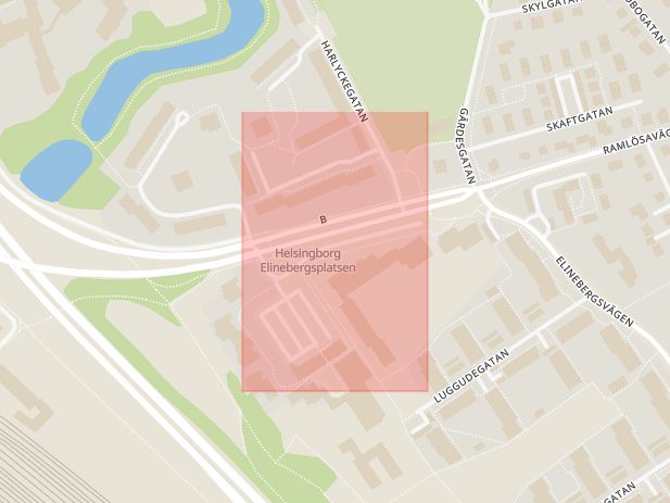 Karta som med röd fyrkant ramar in Elineberg, Elinebergsplatsen, Helsingborg, Skåne län