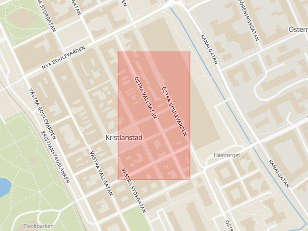Karta som med röd fyrkant ramar in Cardellsgatan, Östra Vallgatan, Kristianstad, Skåne län