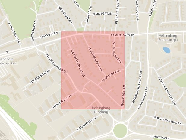 Karta som med röd fyrkant ramar in Lantmätaregatan, Helsingborg, Skåne län
