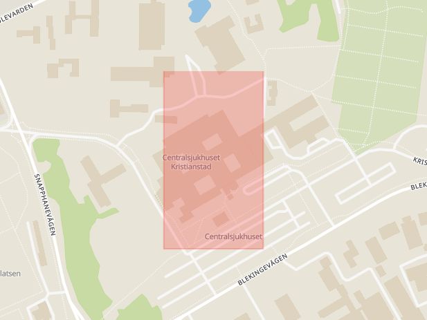 Karta som med röd fyrkant ramar in Centralsjukhuset, Kristianstad, Skåne län