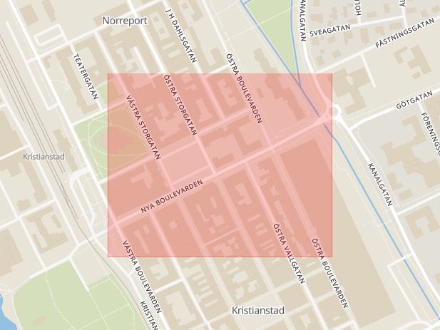 Karta som med röd fyrkant ramar in Nya Boulevarden, Kristianstad, Skåne län