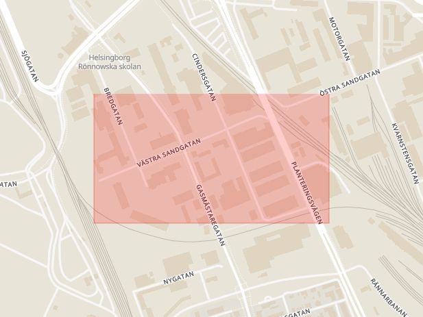 Karta som med röd fyrkant ramar in Västra Sandgatan, Helsingborg, Skåne län