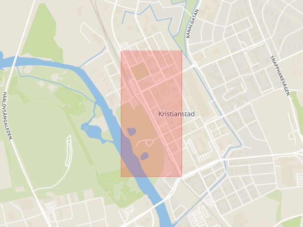 Karta som med röd fyrkant ramar in Västra Boulevarden, Kristianstad, Skåne län