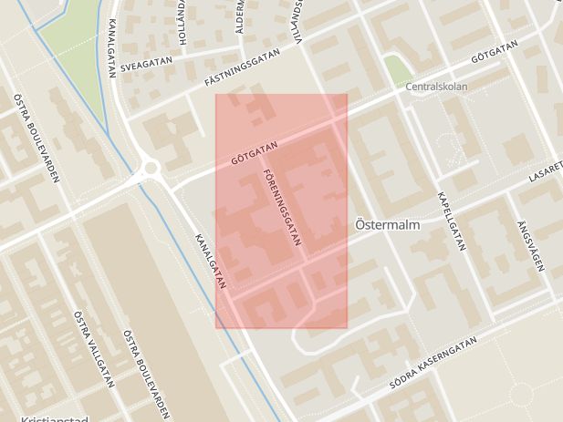 Karta som med röd fyrkant ramar in Föreningsgatan, Kristianstad, Skåne län