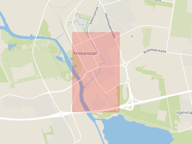 Karta som med röd fyrkant ramar in Västra Storgatan, Kristianstad, Skåne län