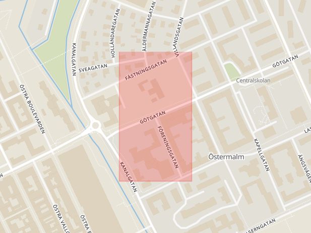 Karta som med röd fyrkant ramar in Föreningsgatan, Götgatan, Kristianstad, Skåne län