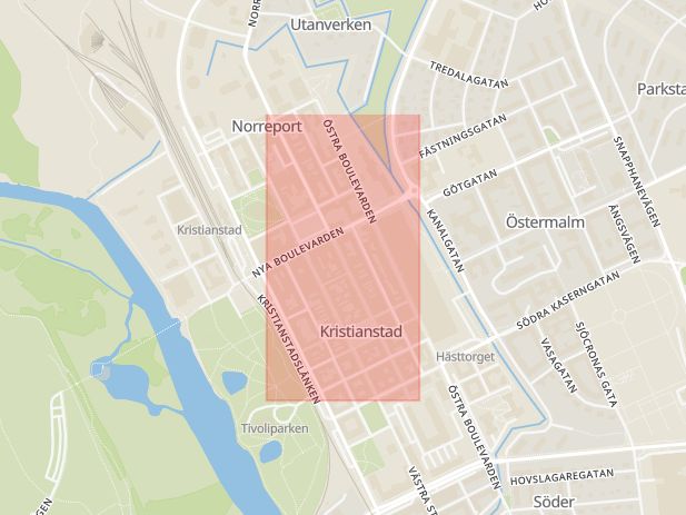 Karta som med röd fyrkant ramar in Östra Storgatan, Kristianstad, Skåne län