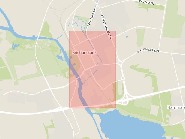 Karta som med röd fyrkant ramar in Västra Storgatan, Kristianstad, Skåne län
