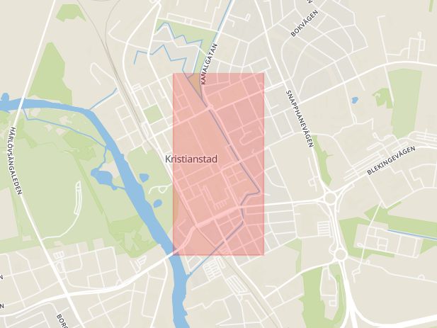 Karta som med röd fyrkant ramar in Östra Boulevarden, Kristianstad, Skåne län
