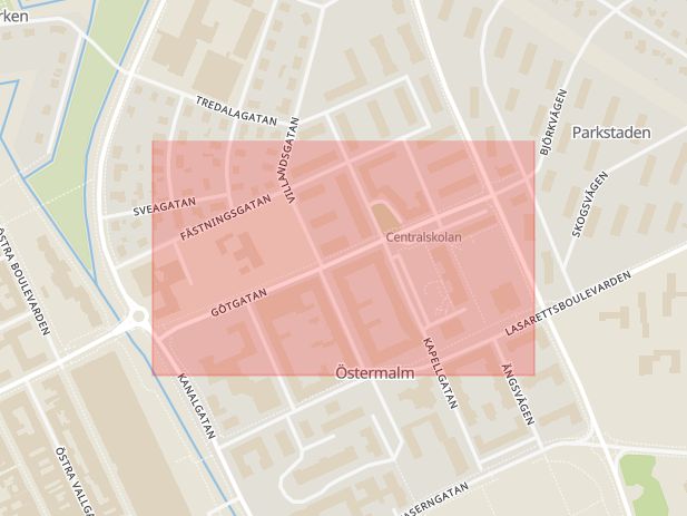 Karta som med röd fyrkant ramar in Götgatan, Kristianstad, Skåne län