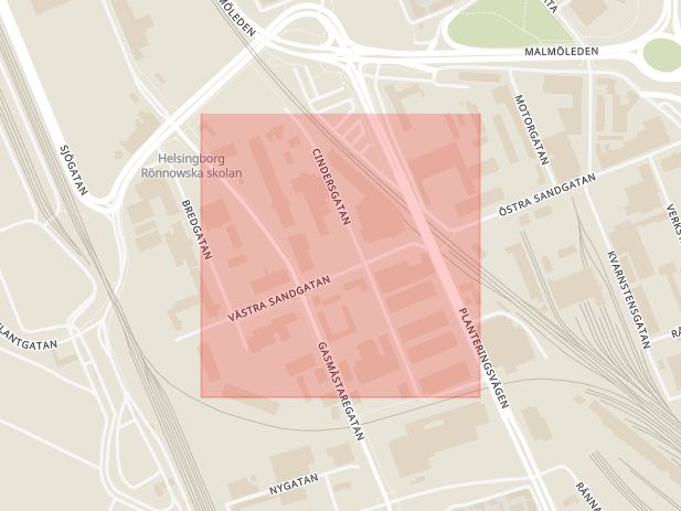 Karta som med röd fyrkant ramar in Cindersgatan, Helsingborg, Skåne län