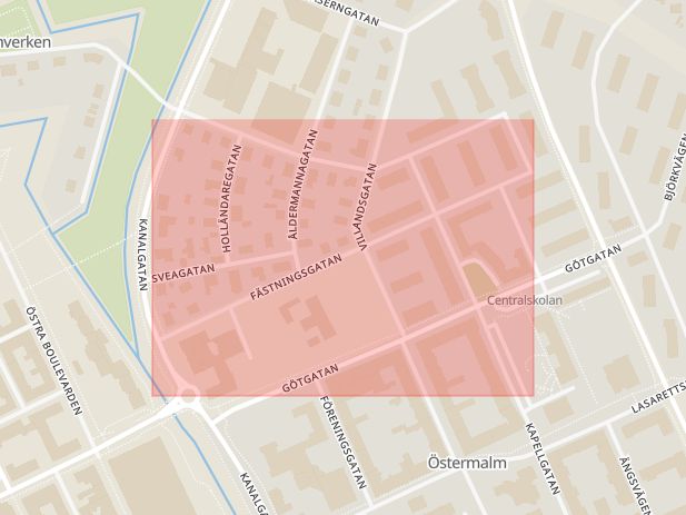 Karta som med röd fyrkant ramar in Fästningsgatan, Kristianstad, Skåne län