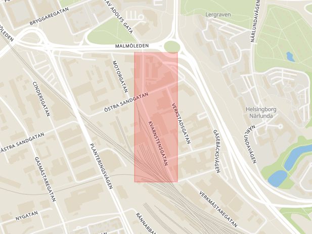 Karta som med röd fyrkant ramar in Planteringen, Kvarnstensgatan, Helsingborg, Skåne län
