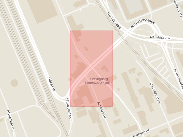 Karta som med röd fyrkant ramar in Bredgatan, Oljehamnsleden, Helsingborg, Skåne län