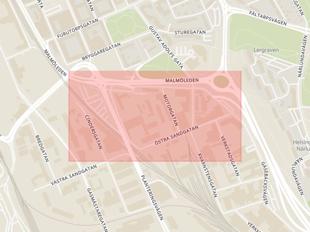Karta som med röd fyrkant ramar in Östra Sandgatan, Helsingborg, Skåne län